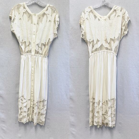 Lassy Doll white Rayon & crochet detail button up blouson midi dress size large - Picture 14 of 16